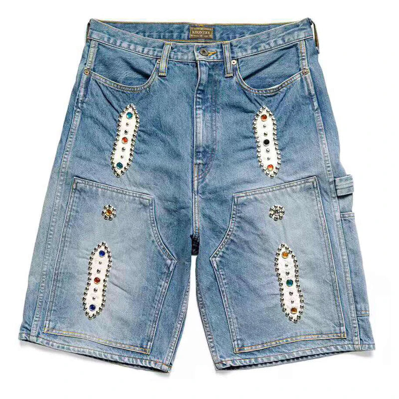 New Japan KAPITAL Loose Casual Pants Embroidered Bone Wash Water Distressed Raw Hem Denim Shorts for Men