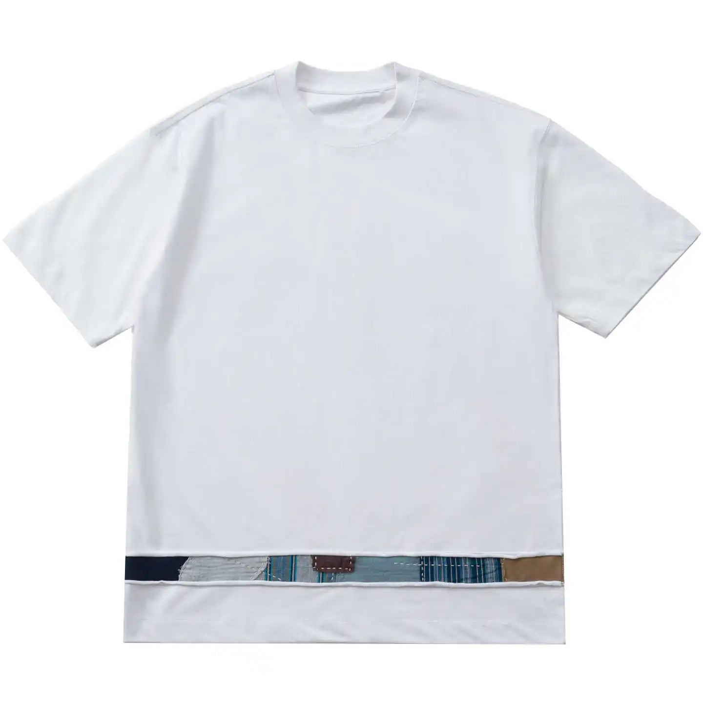 Indigo Retro Handmade Embroidery Patch Fabric Splicing Cotton Round Neck Short Sleeved T-shirt Men's and Women's Trendy Tees