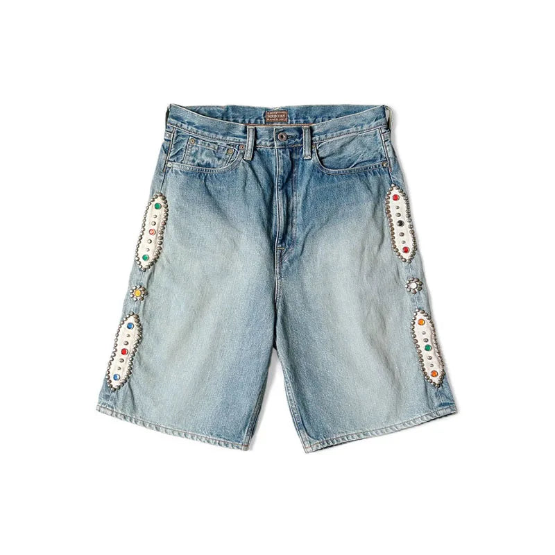 Japan KAPITAL Hirata 23SS New Blue Dyed Retro Made Old Wash Loose Rivet Colored Inlaid Diamond Gem Denim Shorts for Men