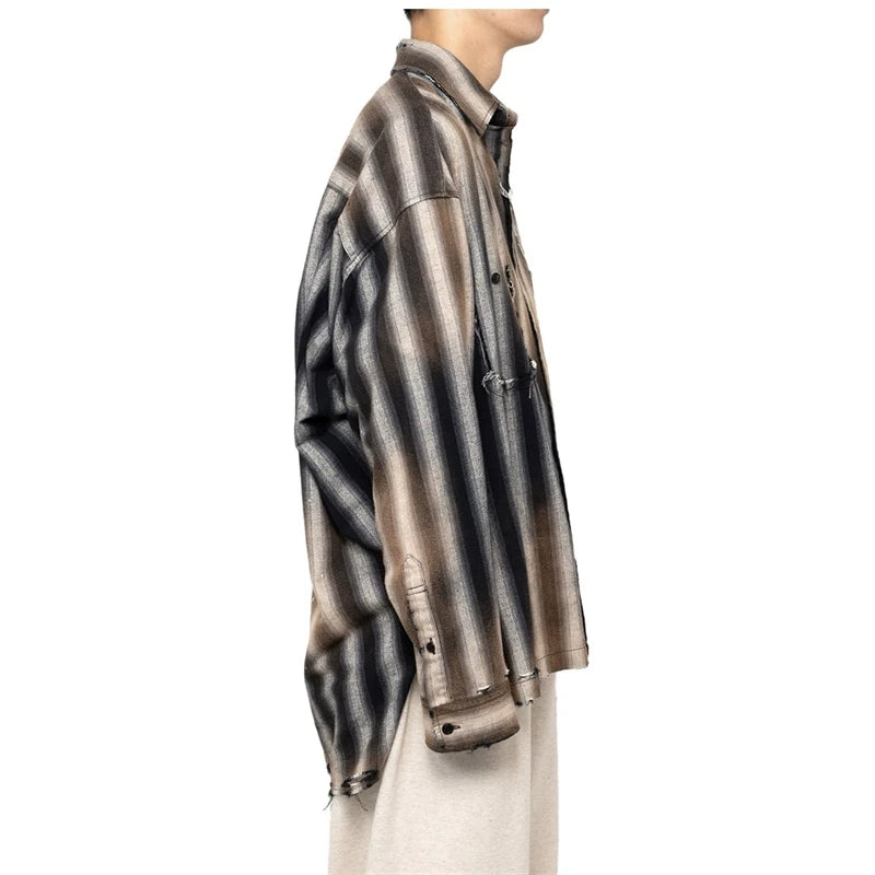 24AW Japanese Casual Pure Cotton Striped Duck Embroidered Vintage Loose Shirt Long Sleeved Distressed Plaid Top