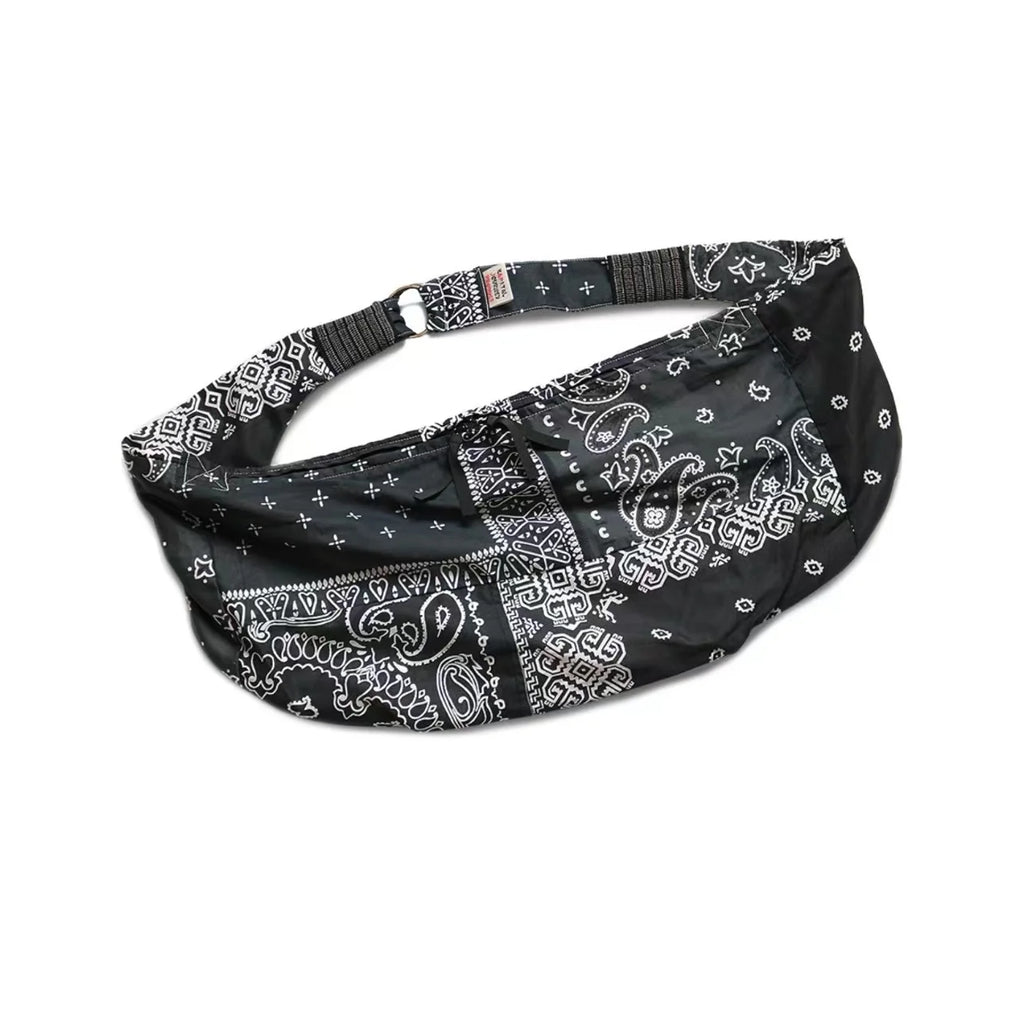 22SS KAPITAL Hirata and Hongri Double Color Cotton Hemp Paisley Flower Splicing Men's Diagonal Cross Stray Waist Bag