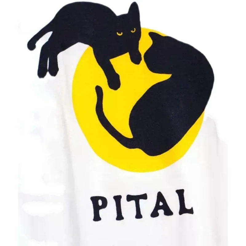 KAPITAL Hirata Hiroshi printed Black Cat and Moon Blue Dyed Short Sleeved T-shirt Women Men Summer Tops