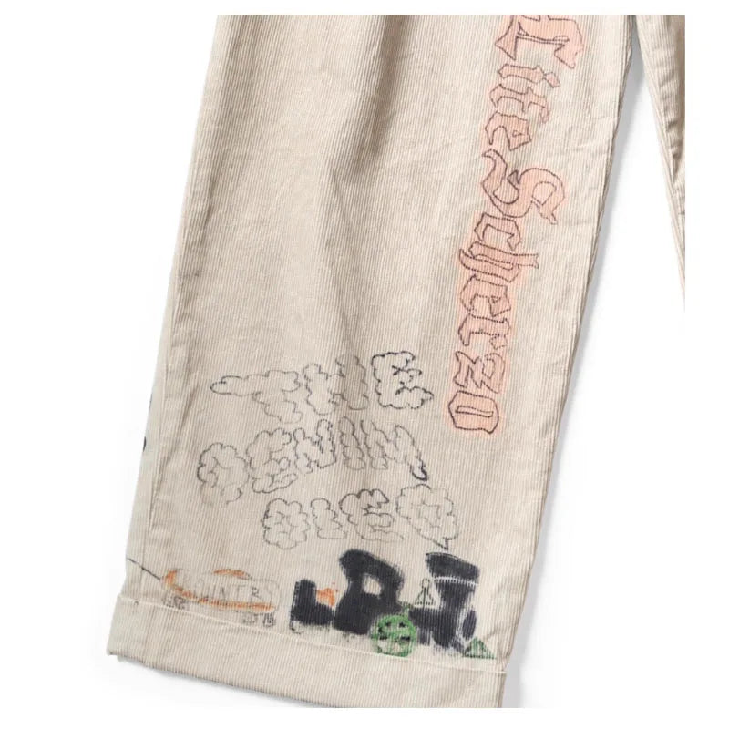 25AW KAPITAL Hirata and Hongri Retro Corduroy Washed Outdated Fun Printed Casual Capri Pants for Men New Arrival