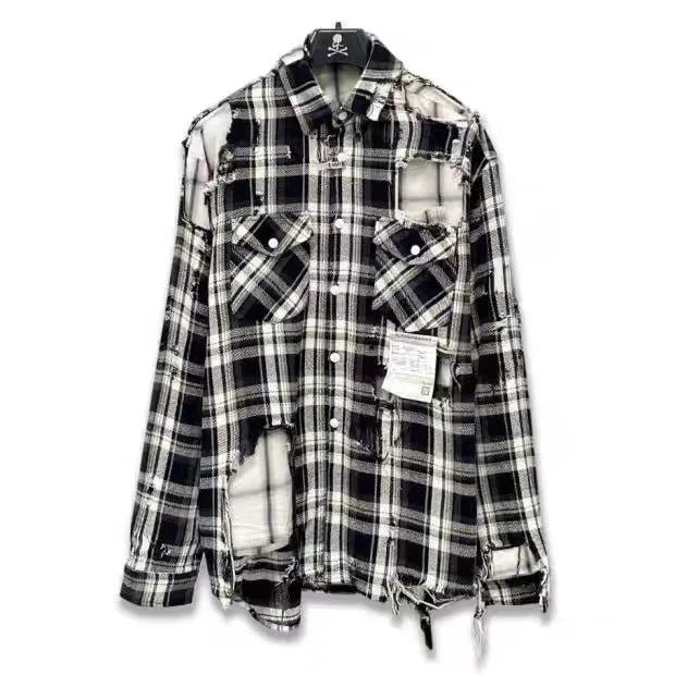 21SS MM Japanese Black and White Checkered Distressed Double Layered Shirt for Men Fashion Make Old Jacket