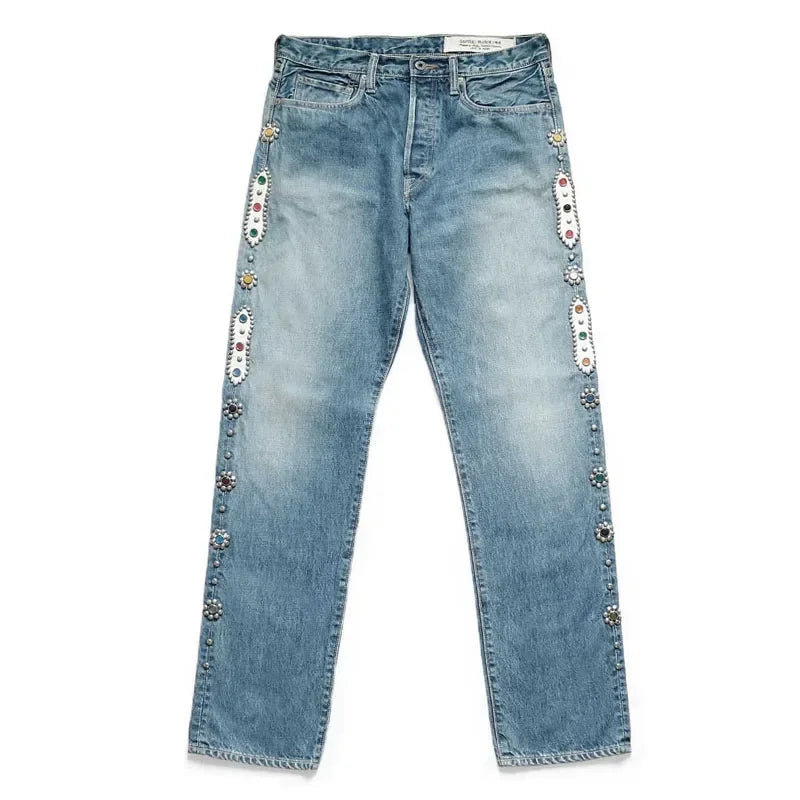 KAPITAL Hirata Kazuhiro Japan 24SS Classic Rivet Set Diamond Casual Cowboy Gemstone Craft Men Vintage Jeans Pants