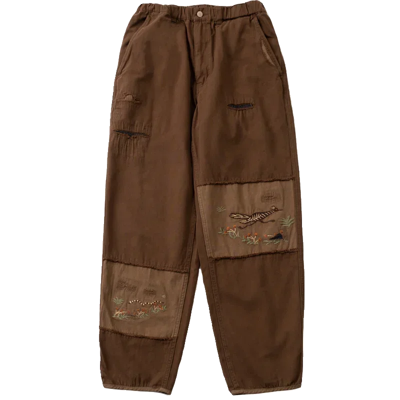 Japanese Retro Men's Water Washed Ripped Hole Patchwork Patch Embroidered Loose Straight Leg Pants for Men and Women