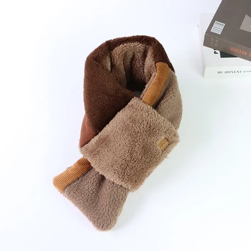 Japanese Autumn Winter Men's and Women's Scarves Velvet Thickened Warm Cross Scarf Color Blocked Outdoor Windproof Neck Cover