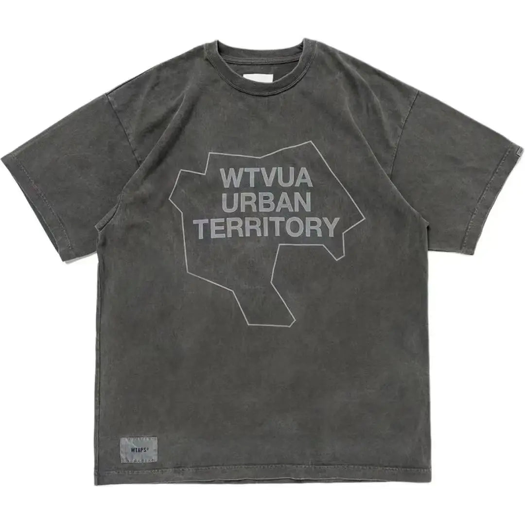 25SS Japanese Fashion COTTON Washed Vintage Wax Printing Casual Sports Short-sleeved T-shirt