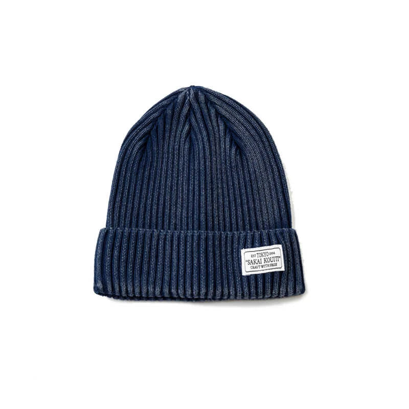 Japanese Retro Style Handmade Vintage Washed Blue Dyed Knitted Hat Versatile Cold Yarn Cap