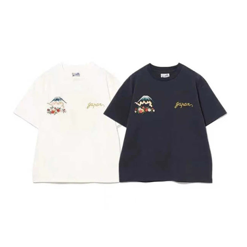 25SS Japanese Retro Summer New Style Cherry Blossom Letter Embroidery Round Neck Casual Short-sleeved T-shirt for Men and Women