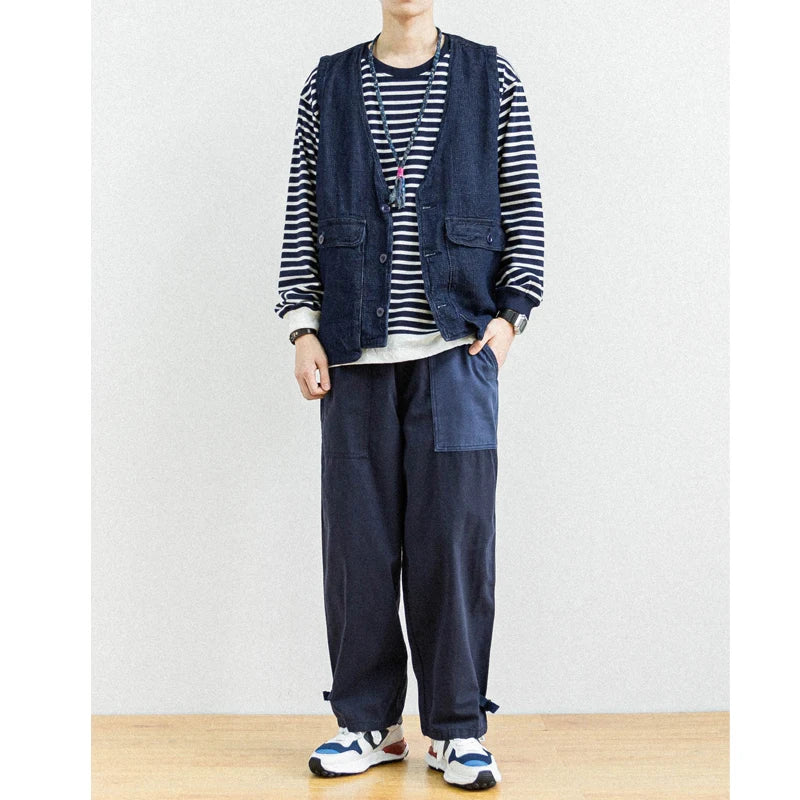 Japanese Style Men's Personalized Color Block Splicing Elastic Waist Loose Women's Bamboo Cotton Casual Pants Trendy