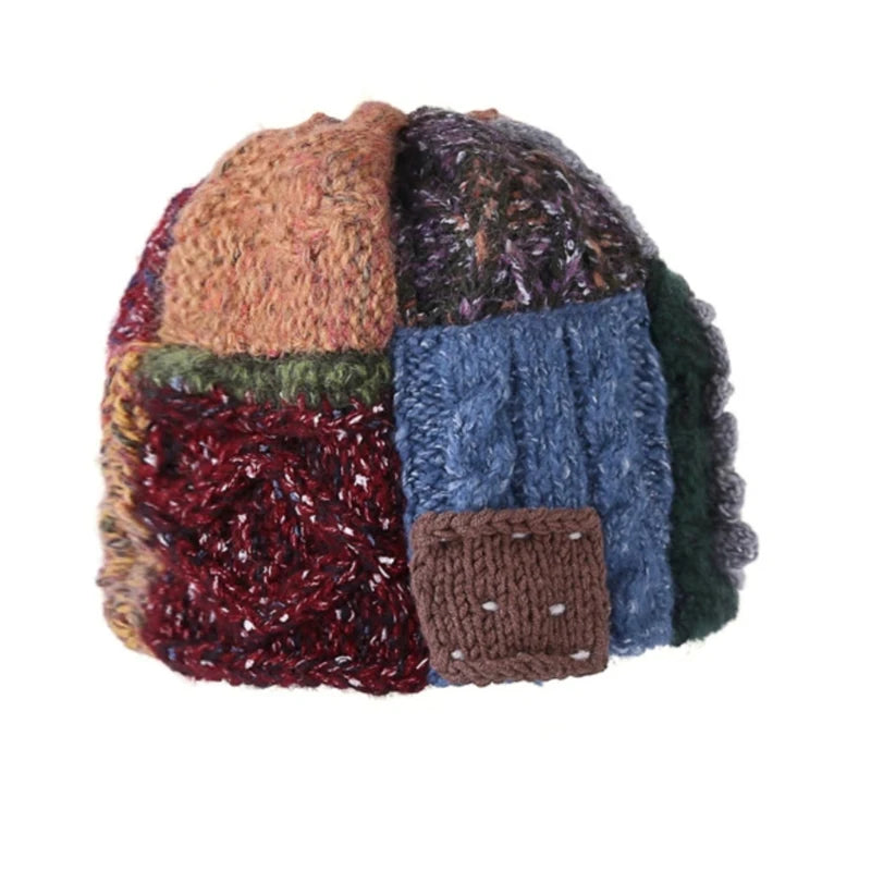 Original Retro Handmade Knitted Colorful Wool Thread Autumn and Winter Patchwork Hat Vintage Style