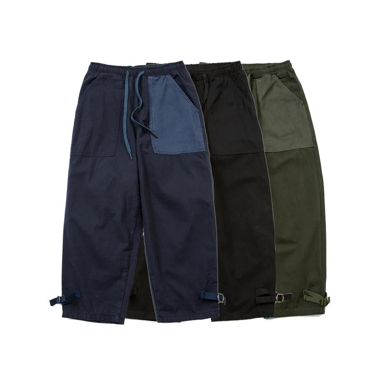 Japanese Style Men's Personalized Color Block Splicing Elastic Waist Loose Women's Bamboo Cotton Casual Pants Trendy