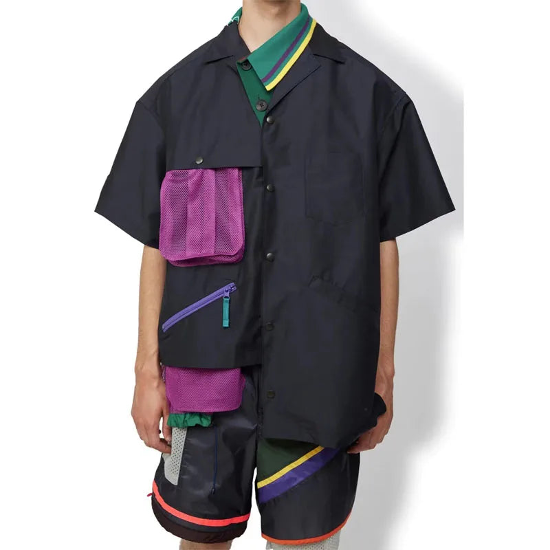 New Arrival 23SS KOLOR Abe Double Color Irregular Collar Meshcolor Blocked Short Sleeve Shirt for Men