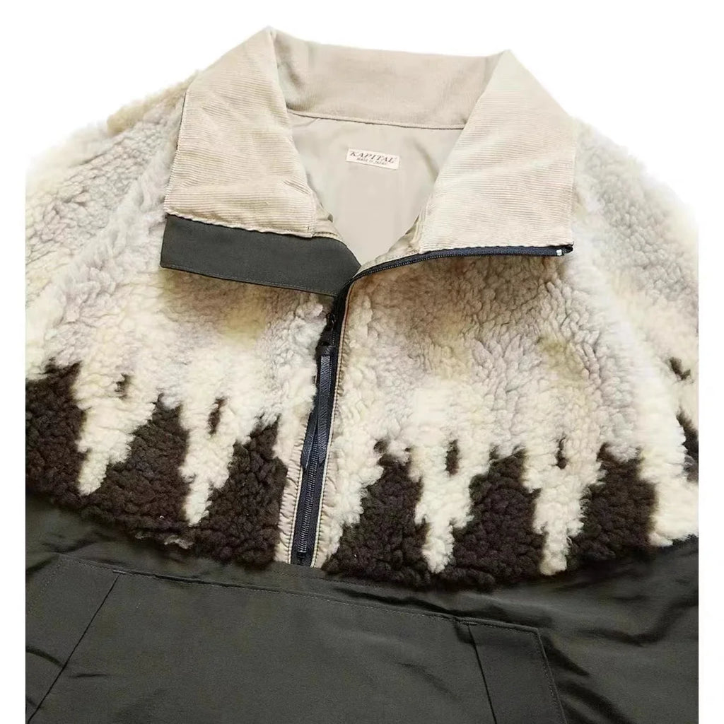 New 23AW KAPITAL Hirata and Hongri Trendy Lamb Fleece Printed Splicing Half High Collar Pullover Sweatshirts