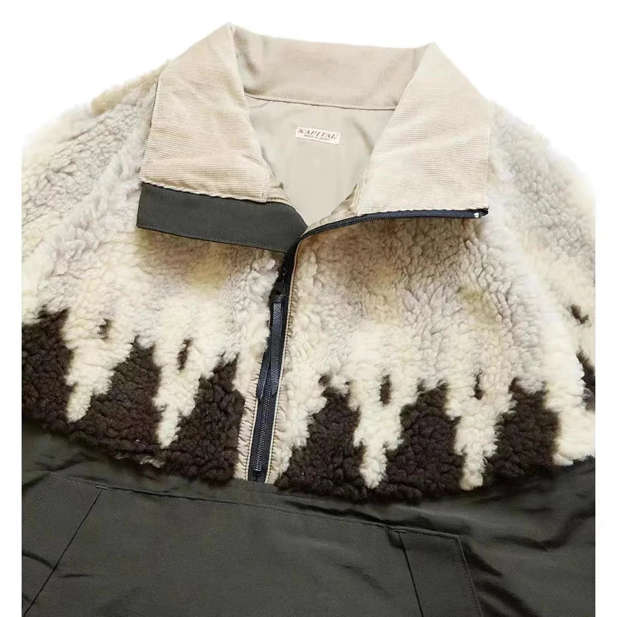 New 23AW KAPITAL Hirata and Hongri Trendy Lamb Fleece Printed Splicing Half High Collar Pullover Sweatshirts