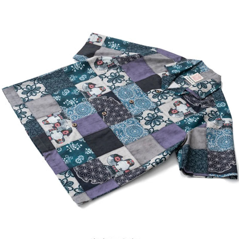 Summer Style New Chinese Retro Pattern Loose Silhouette Casual Cuban Collar Men's and Women's Shirt Trend