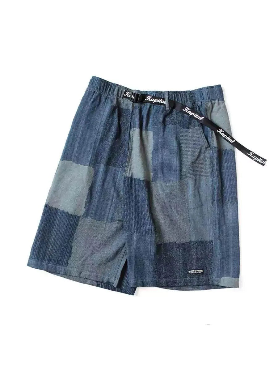KAPITAL Japan Style Hirata Kazuhiro Cotton Color Blocked Jacquard Loose Shorts for Men Summer Wear