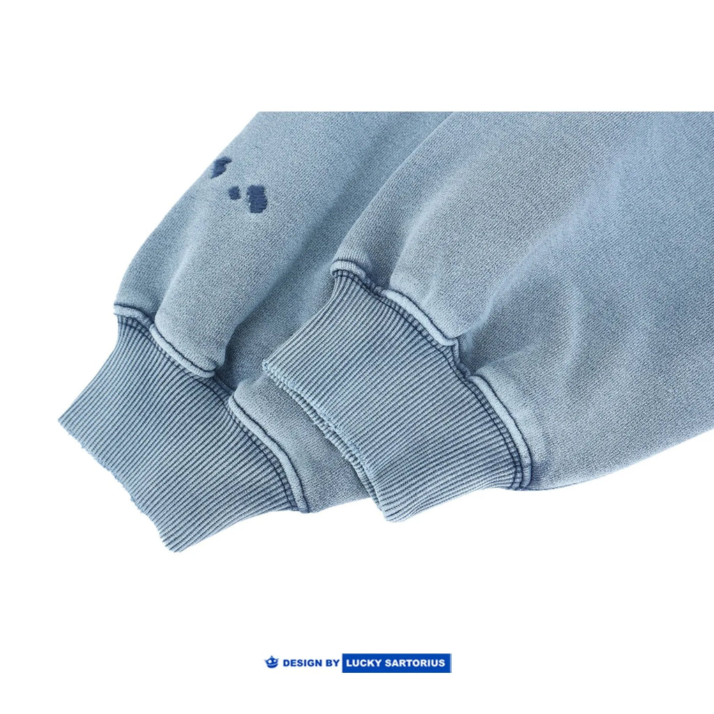 Japanese Retro Washed Distressed Embroidered Flower Round Neck Hoodie for Men and Women Loose Casual Top