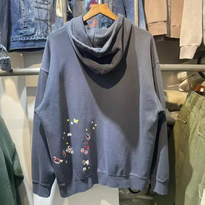 American Streetwear Trendy Cartoon Fun Sticker Print Hooded Sweatshirt for Men and Women Loose Loop Knit Fall and Winter Hoodies