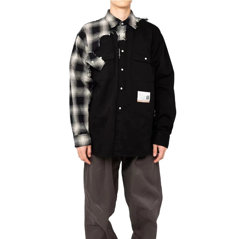 22AW Japanese MMY Casual Men Irregular Splicing Patchwork Plaid Loose Jacket Shirt Loose Distressed Jacket