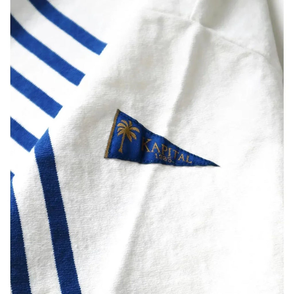 22SS KAPITAL Hirata Kazuhiro Blue and White Striped Color Matching Loose Three Flag Round Neck Short Sleeved T-shirt Men New