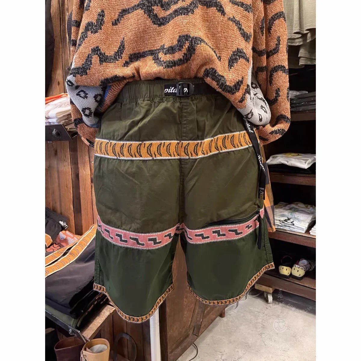 Kapital Hirata Retro Panel Summer Casual Striped Shorts American Waistband Elastic Printed Pants Loose Fit for Men and Women