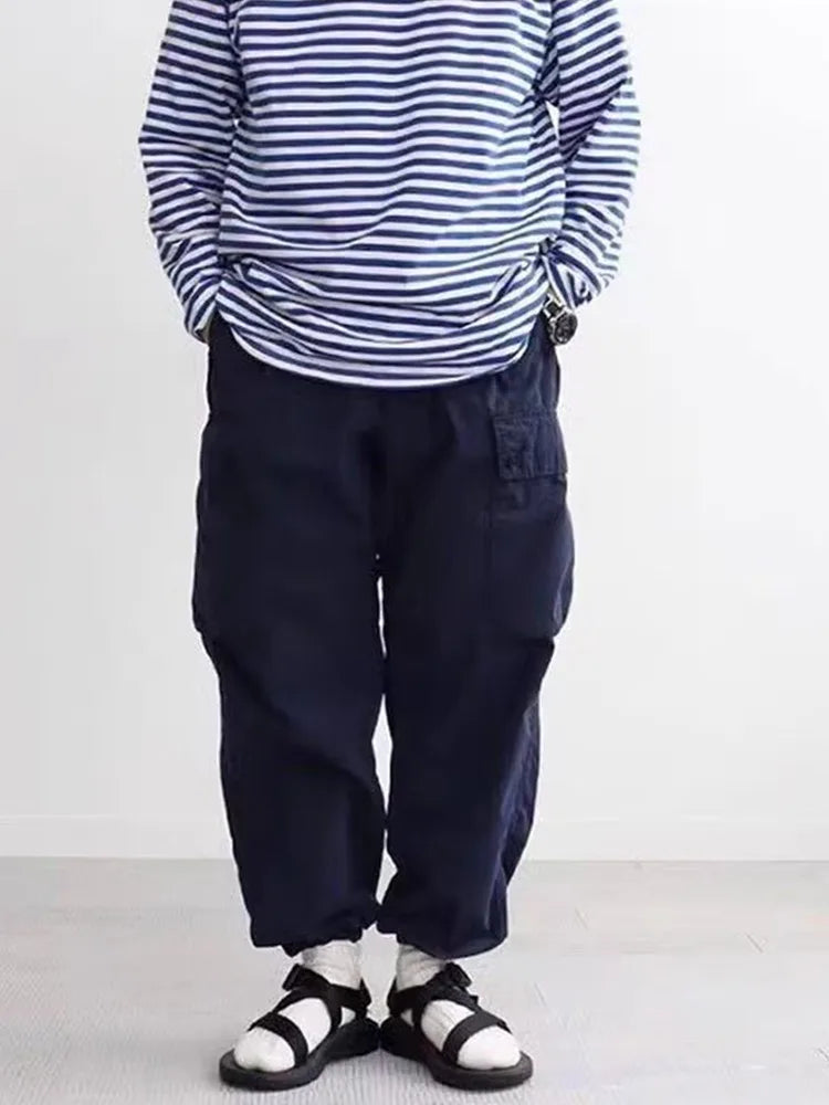 NAnami Japanese Retro Men's and Women's Multi Pocket Large Pocket Drawstring Ankle Tied Loose Casual Straight Leg Pants