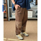 Japanese Retro Men's Water Washed Ripped Hole Patchwork Patch Embroidered Loose Straight Leg Pants for Men and Women
