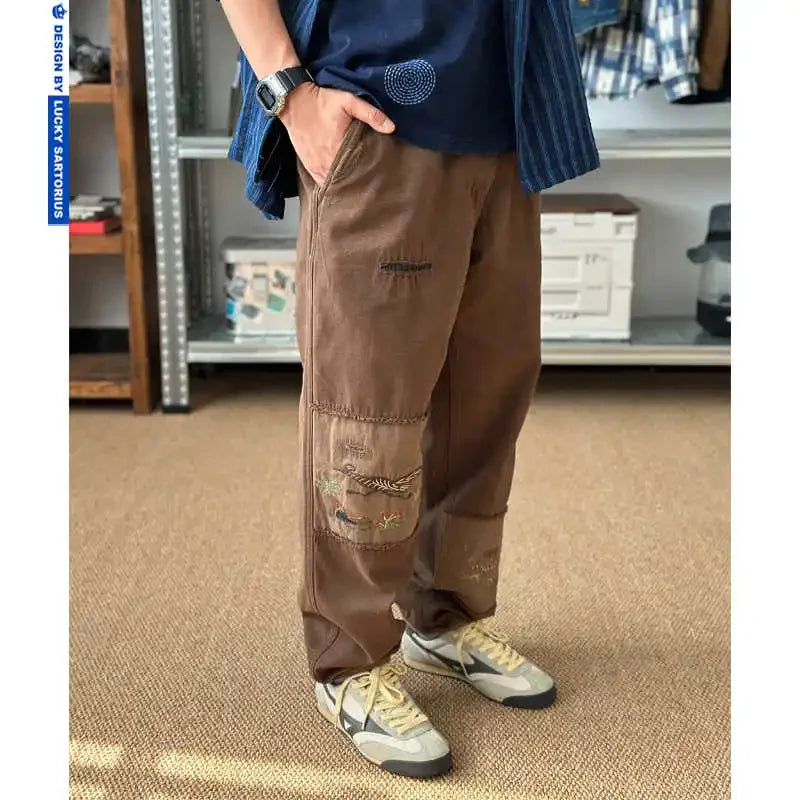 Japanese Retro Men's Water Washed Ripped Hole Patchwork Patch Embroidered Loose Straight Leg Pants for Men and Women