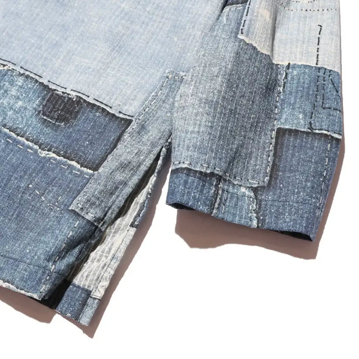 24AW JELADO Japanese Retro Men's and Women's Printed Denim Patchwork Collarless Loose Pullover Long Sleeved Shirt