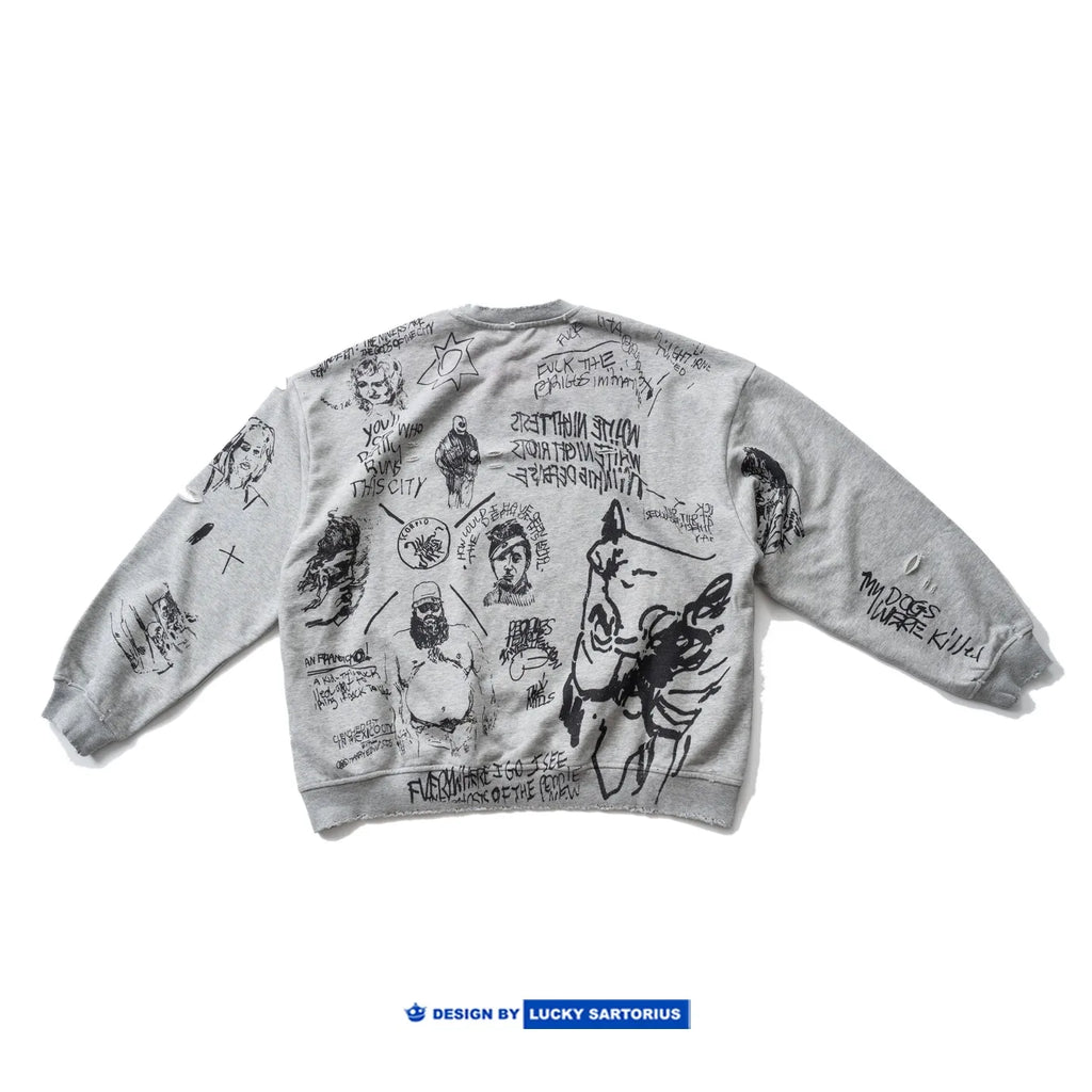 American Retro Washed Distressed Hand Drawn Graffiti Printed Round Neck Hoodie for Men and Women Loose Casual Top