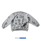 American Retro Washed Distressed Hand Drawn Graffiti Printed Round Neck Hoodie for Men and Women Loose Casual Top
