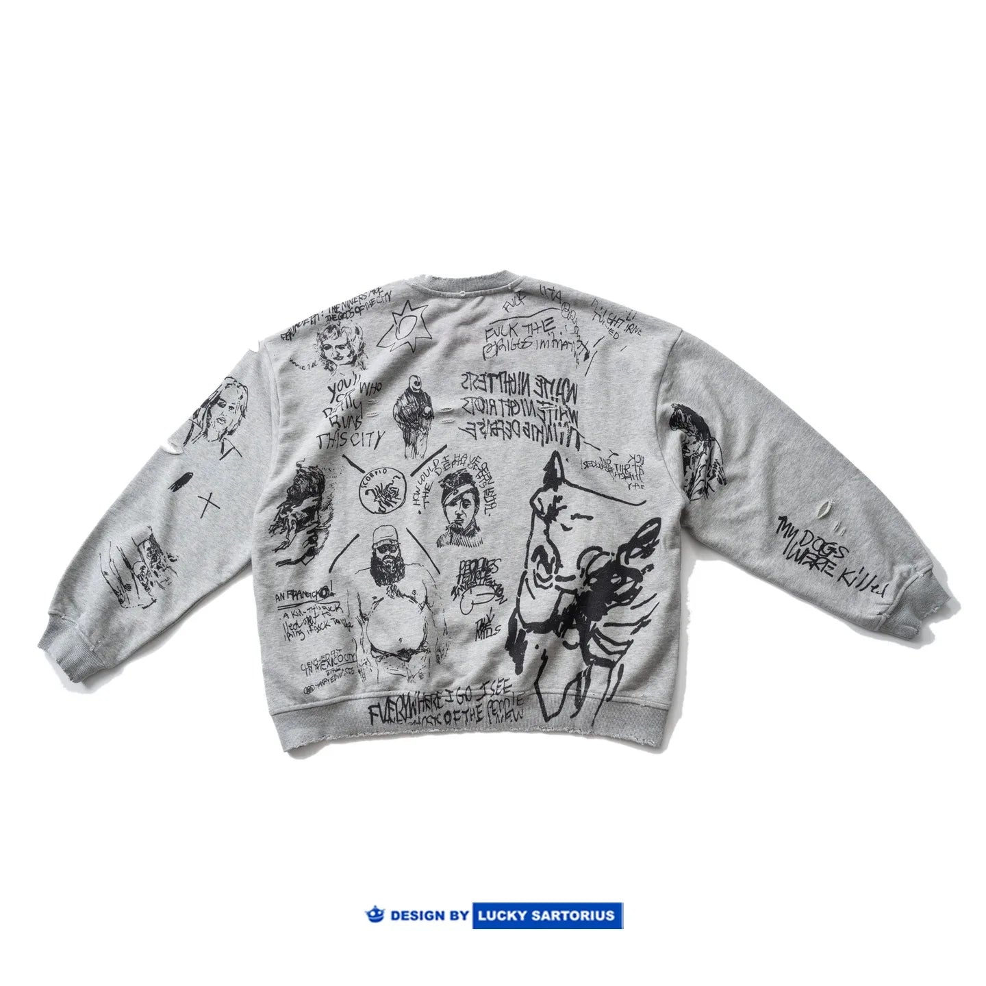 American Retro Washed Distressed Hand Drawn Graffiti Printed Round Neck Hoodie for Men and Women Loose Casual Top