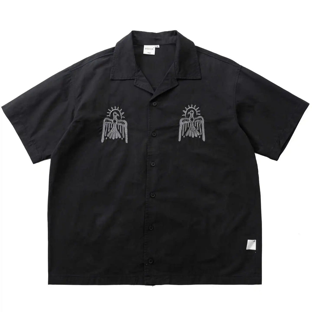 Japanese Thunderbird Embroidered Short Sleeve Casual Loose Shoulder Summer Shaped Shirt Men and Women