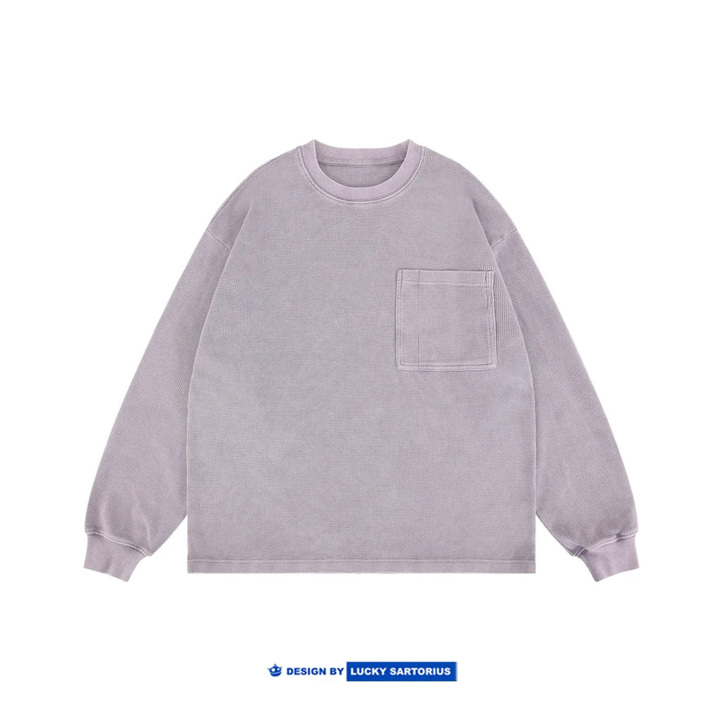 Japanese Patch Pocket Waffle Washed Loose Shoulder Tops Round Neck Long Sleeved T-shirt for Men