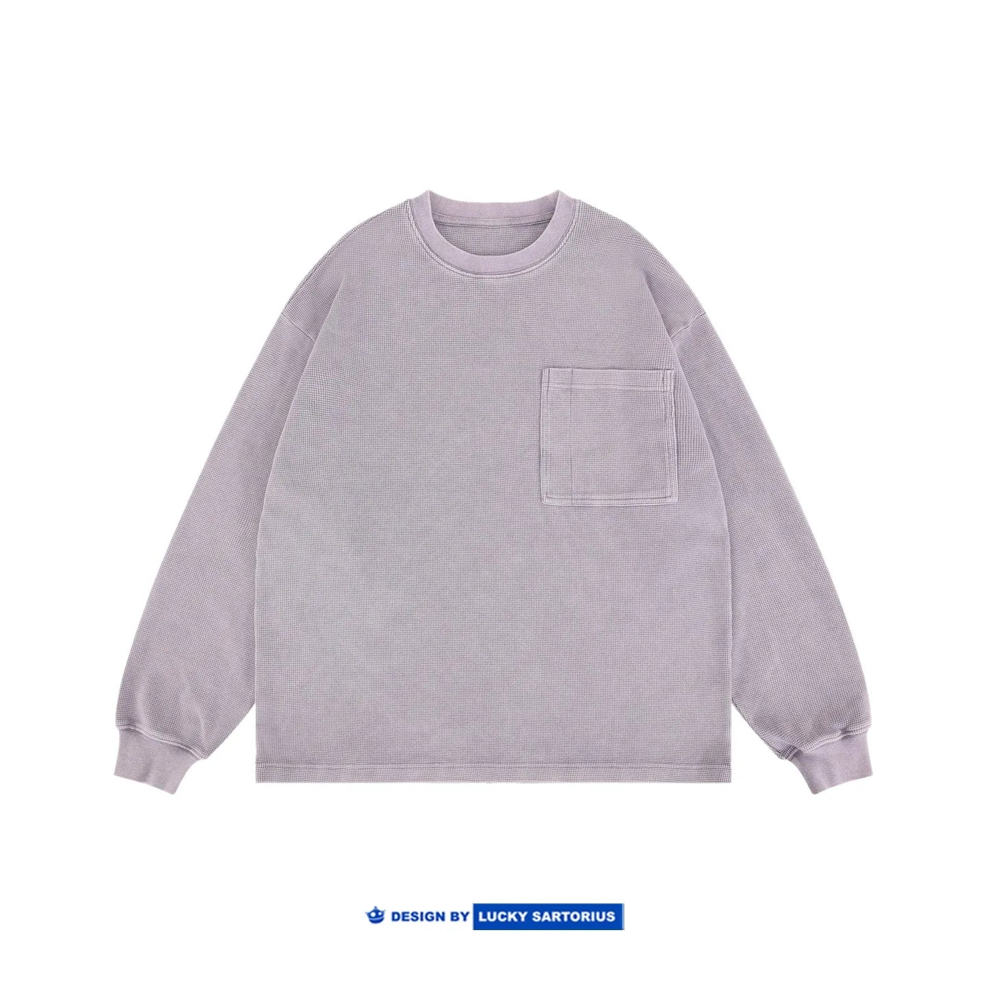 Japanese Patch Pocket Waffle Washed Loose Shoulder Tops Round Neck Long Sleeved T-shirt for Men