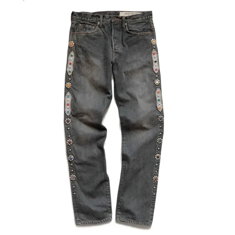 KAPITAL Hirata Kazuhiro Japan 24SS Classic Rivet Set Diamond Casual Cowboy Gemstone Craft Men Vintage Jeans Pants