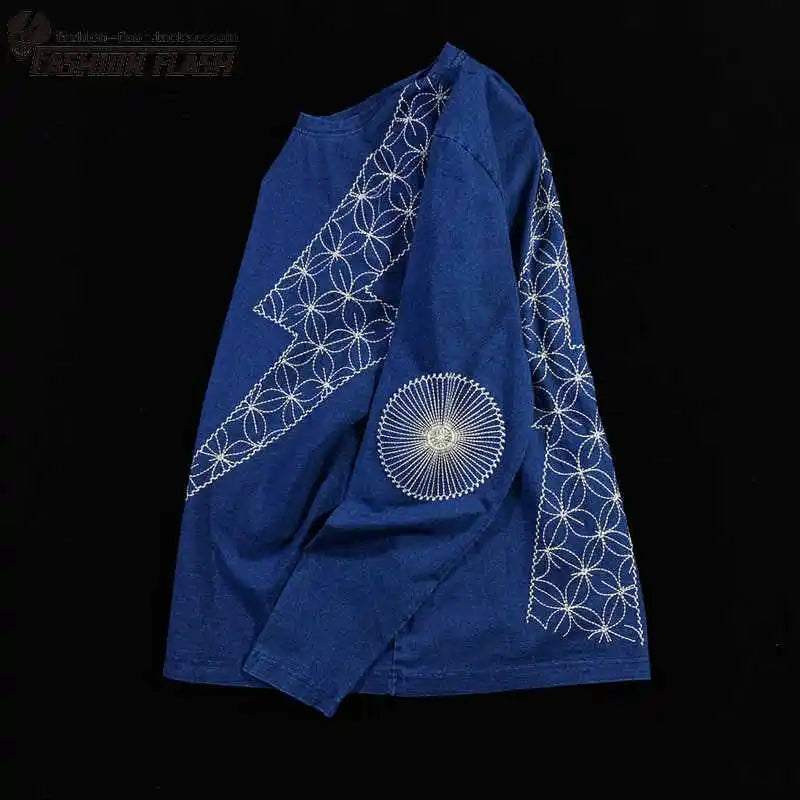 KAPITAL Hirata Kazuhiro's New Japanese Blue Dye Embroidered Lightning Retro Trend Casual Long Sleeved T-shirt for Men