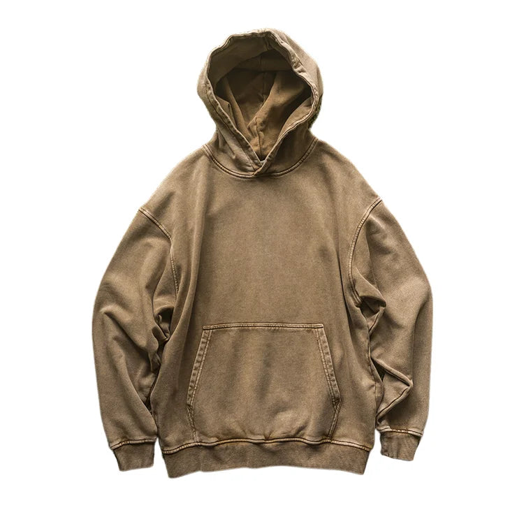 420g Pure Cotton Wax Printed Vintage Hooded Sweatshirt with Loose Shoulder Men's and Women's Washed Solid Color Hoodie