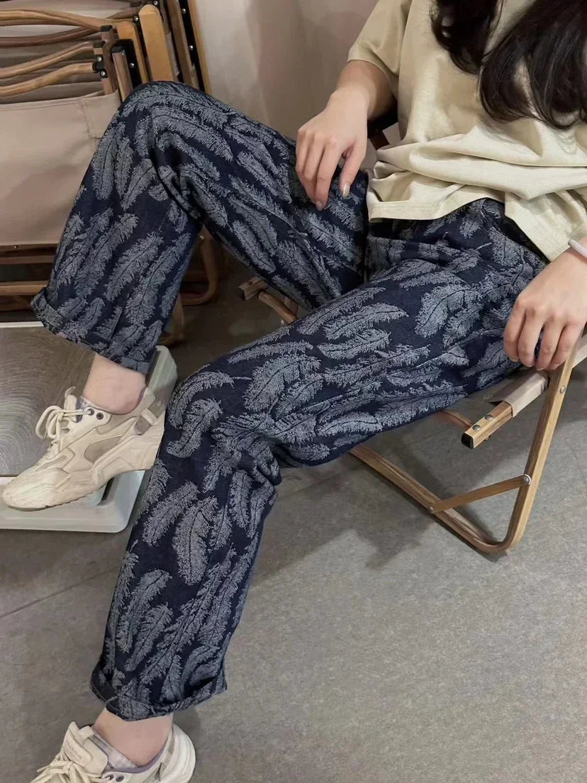 New Japanese Style Kapital Hirata and Hiroshi Casual  Men's Women's Loose Denim Jacquard Feather Flared Pants Versatile