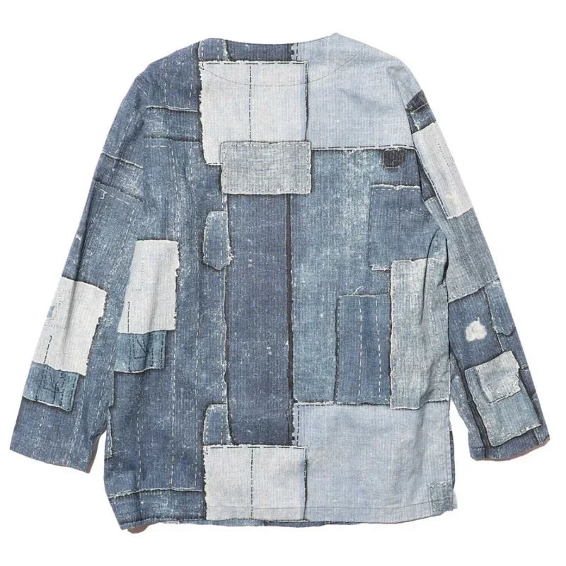 24AW JELADO Japanese Retro Men's and Women's Printed Denim Patchwork Collarless Loose Pullover Long Sleeved Shirt